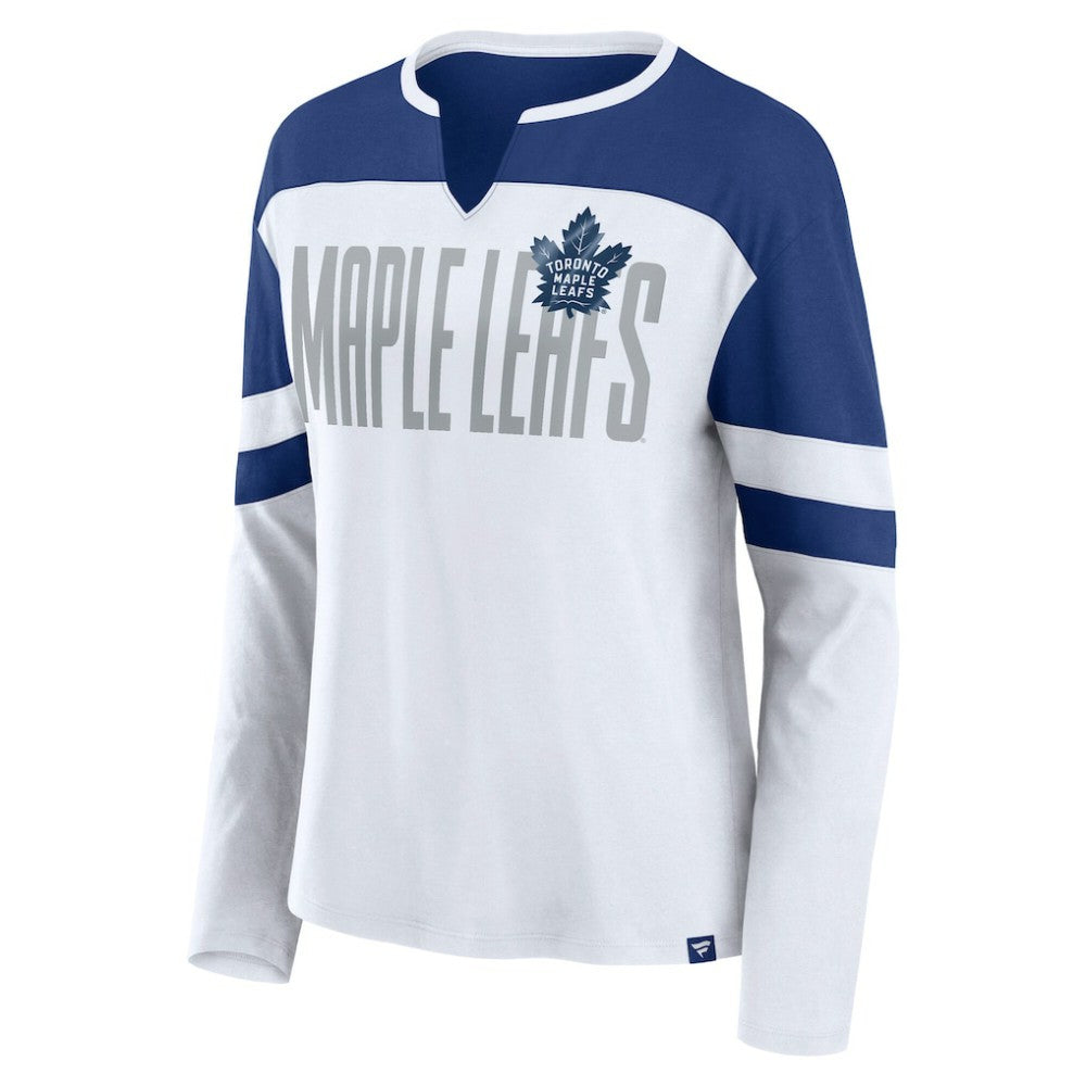 Toronto Maple Leafs Fanatics Women's Frozen Long Sleeve Notch Neck T-Shirt - White/Blue | Fanatics discount
