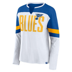 St. Louis Blues Fanatics Women's Frozen Long Sleeve Notch Neck T-Shirt - White/Blue | Fanatics Clearance