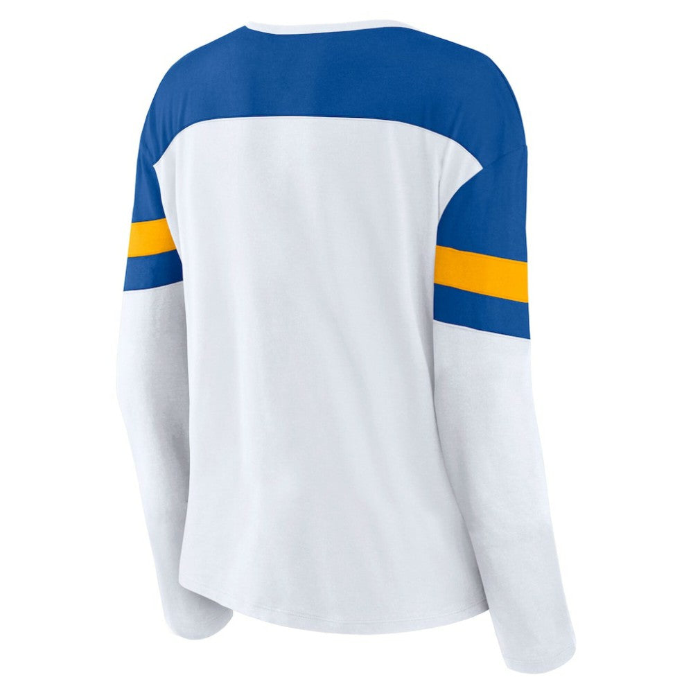 St. Louis Blues Fanatics Women's Frozen Long Sleeve Notch Neck T-Shirt - White/Blue | Fanatics Clearance