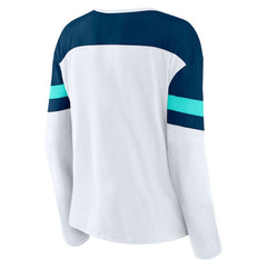Seattle Kraken Fanatics Women's Frozen Long Sleeve Notch Neck T-Shirt - White/Deep Sea Blue | Fanatics Clearance
