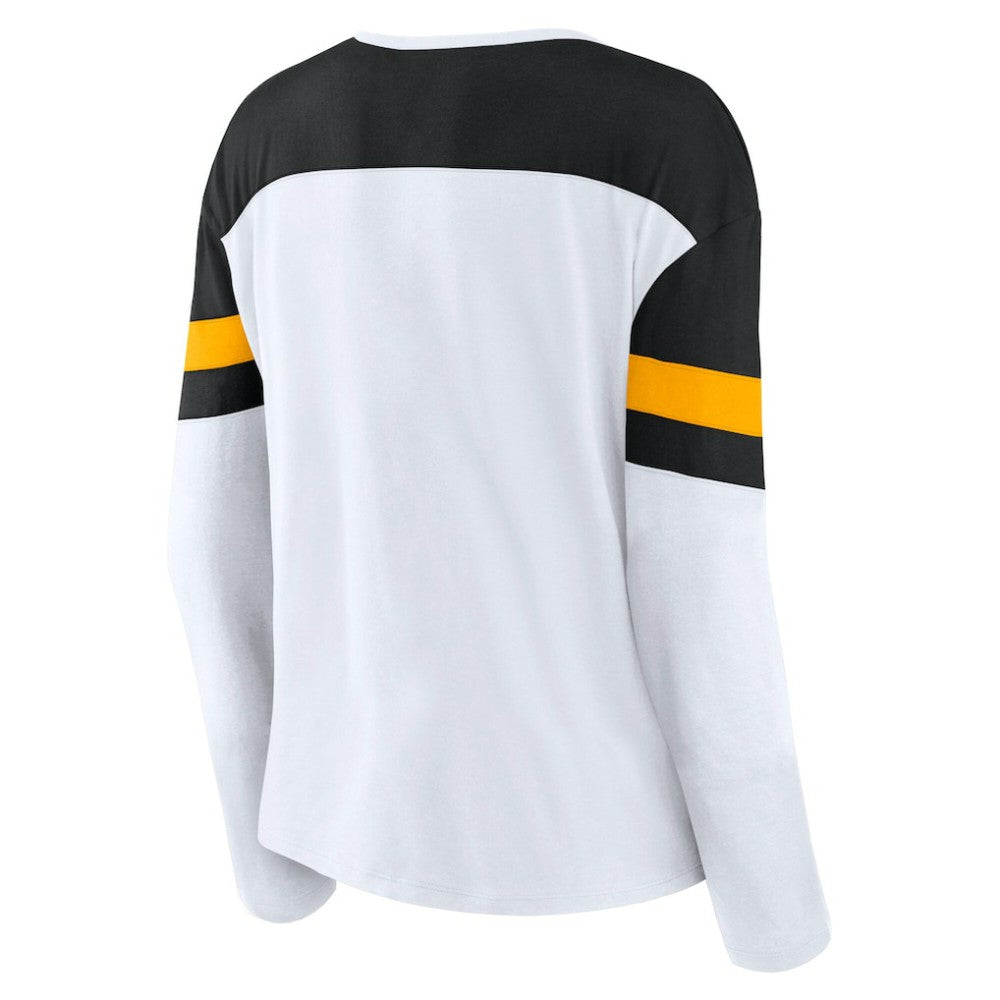 Boston Bruins Fanatics Women's Frozen Long Sleeve Notch Neck T-Shirt - White/Black | Fanatics on sale