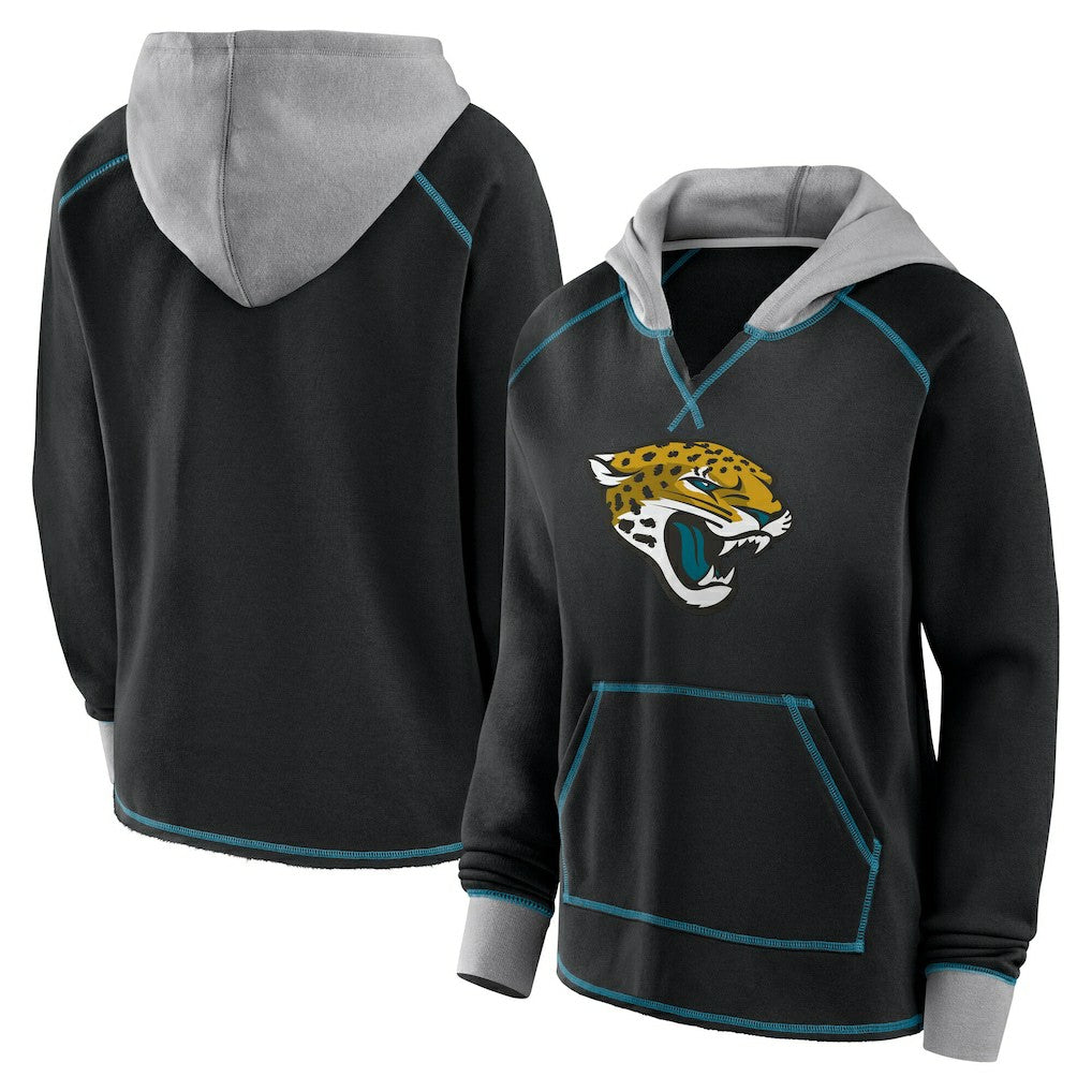 Jacksonville Jaguars Logo Athletic Women's Boom Fleece Pullover V-Neck Hoodie - Black - NFL