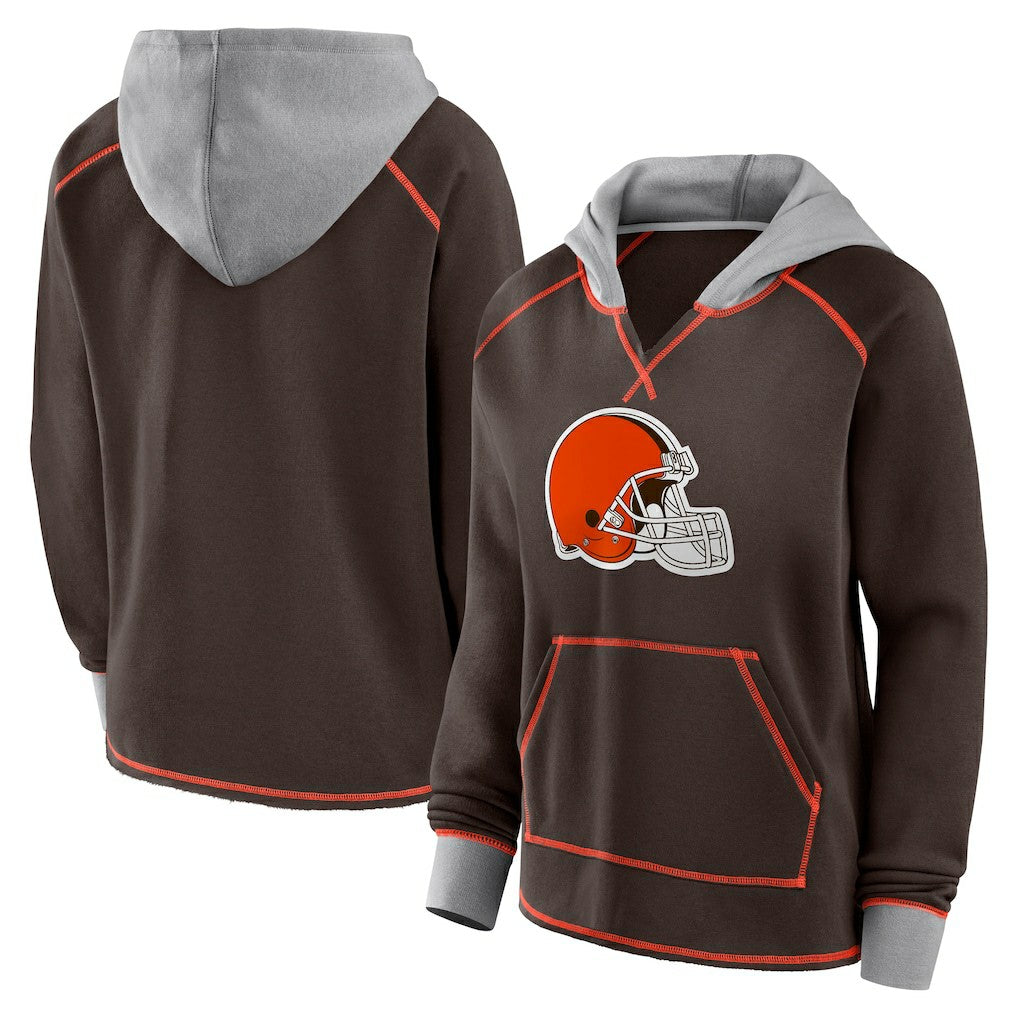 Cleveland Browns Logo Athletic Women's Boom Fleece Pullover V-Neck Hoodie - Brown - NFL