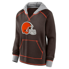 Cleveland Browns Logo Athletic Women's Boom Fleece Pullover V-Neck Hoodie - Brown - NFL