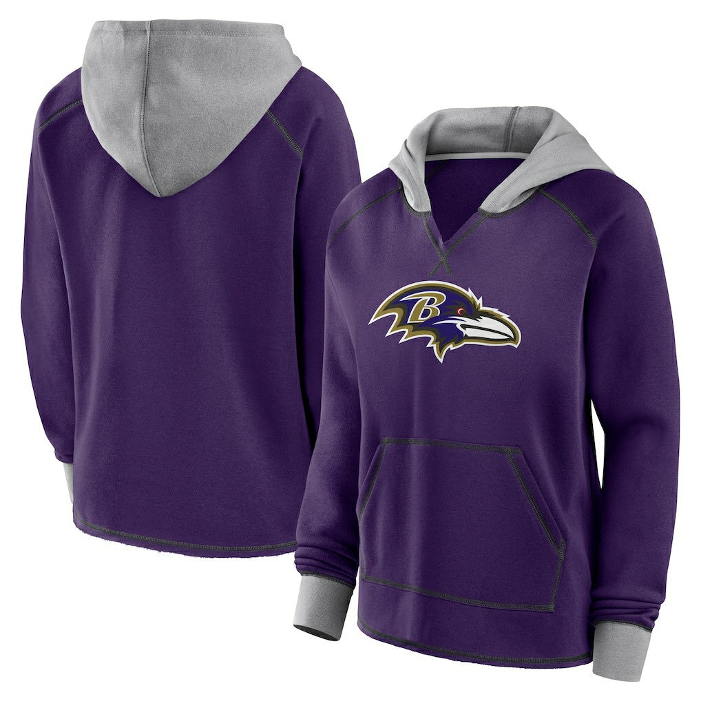 Baltimore Ravens Logo Athletic Women's Boom Fleece Pullover V-Neck Hoodie - Purple - NFL
