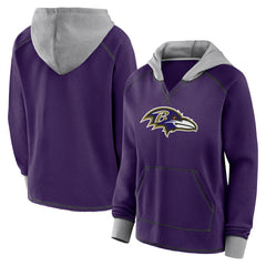 Baltimore Ravens Logo Athletic Women's Boom Fleece Pullover V-Neck Hoodie - Purple - NFL