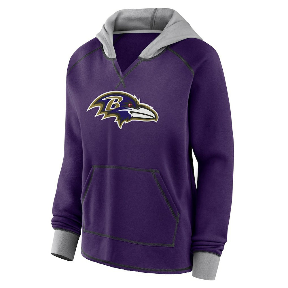 Baltimore Ravens Logo Athletic Women's Boom Fleece Pullover V-Neck Hoodie - Purple - NFL