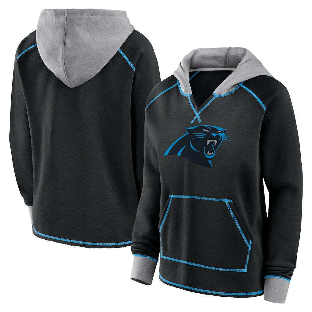 Carolina Panthers Logo Athletic Women's Boom Fleece Pullover V-Neck Hoodie - Black - NFL