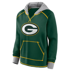 Green Bay Packers Logo Athletic Women's Boom Fleece Pullover V-Neck Hoodie - Green - NFL
