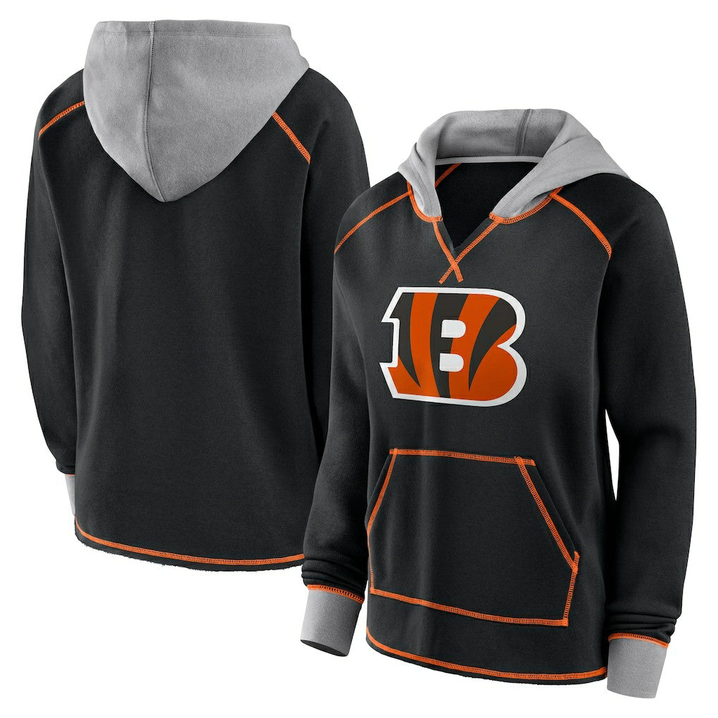 Cincinnati Bengals Logo Athletic Women's Boom Fleece Pullover V-Neck Hoodie - Black - NFL