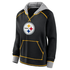 Pittsburgh Steelers Logo Athletic Women's Boom Fleece Pullover V-Neck Hoodie - Black - NFL