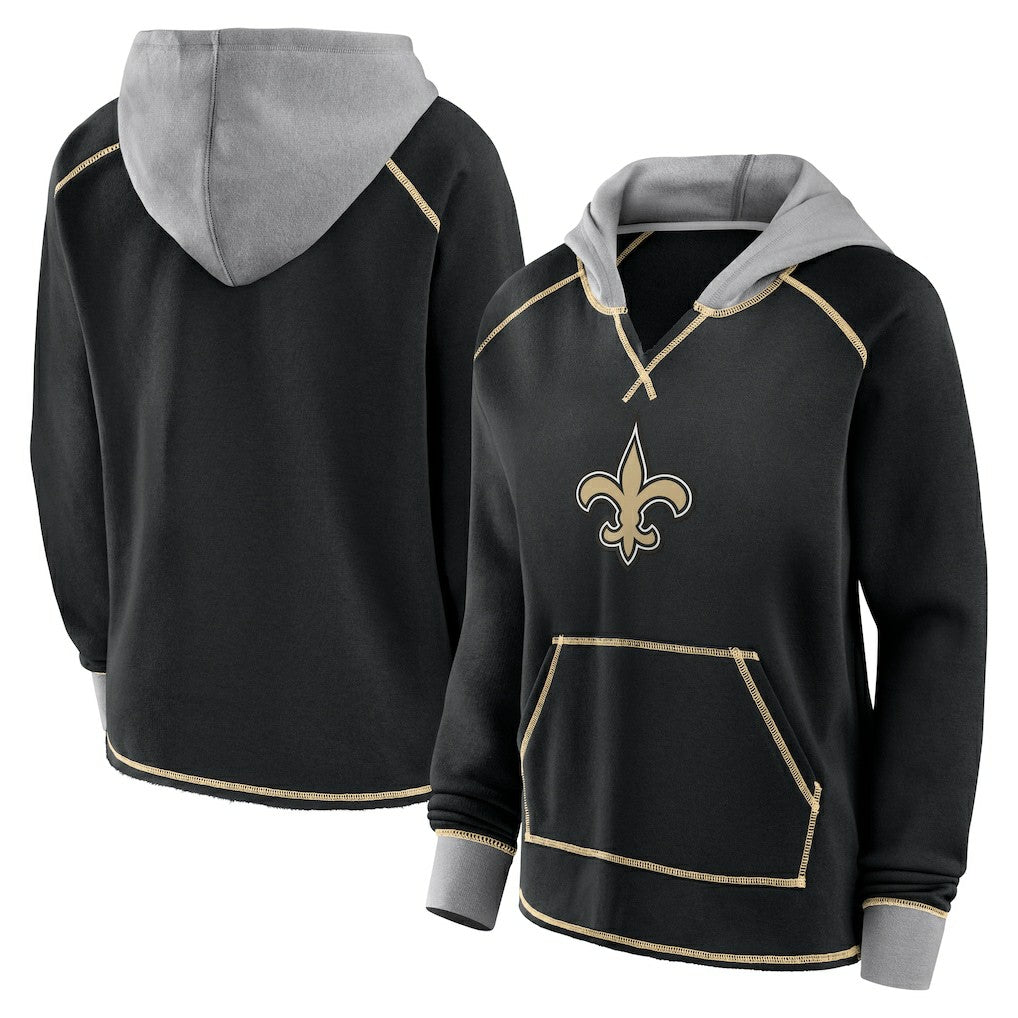 New Orleans Saints Logo Athletic Women's Boom Fleece Pullover V-Neck Hoodie - Black - NFL