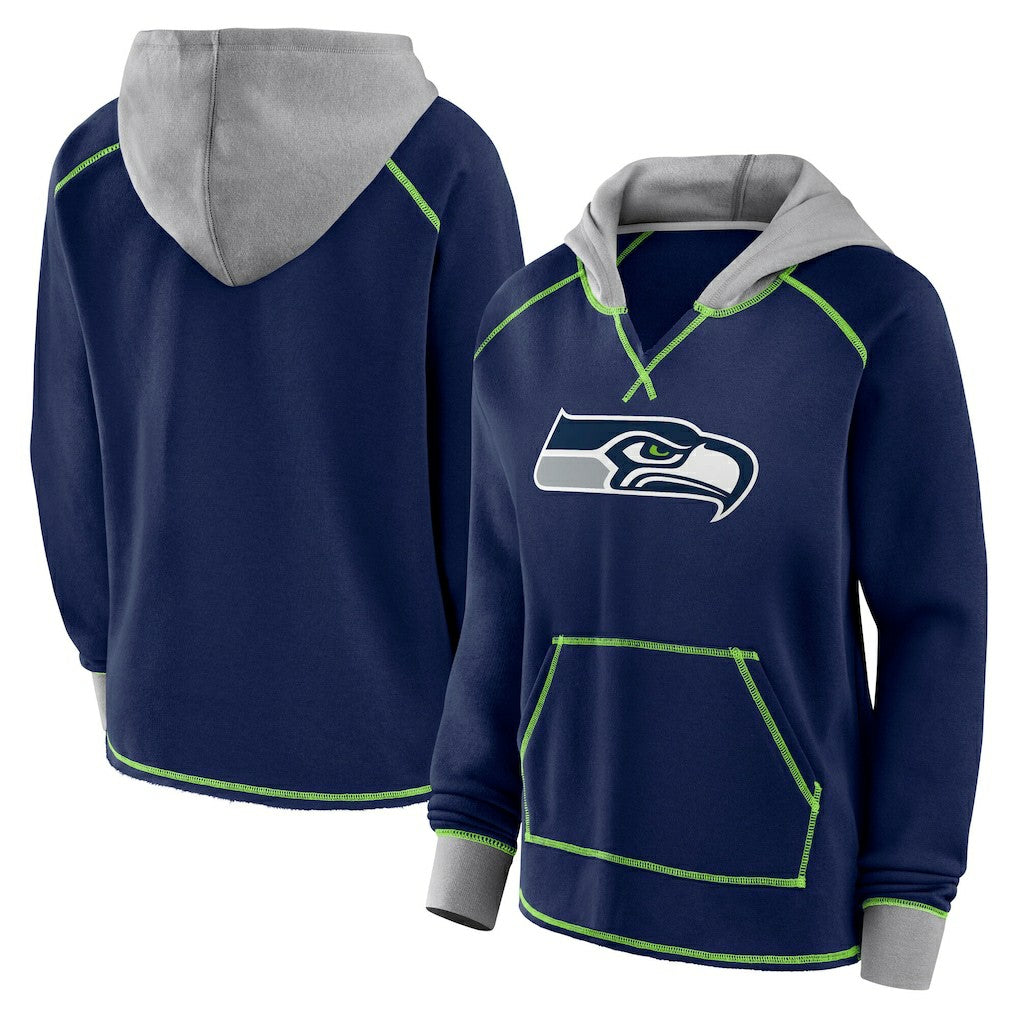 Seattle Seahawks Logo Athletic Women's Boom Fleece Pullover V-Neck Hoodie - College Navy - NFL