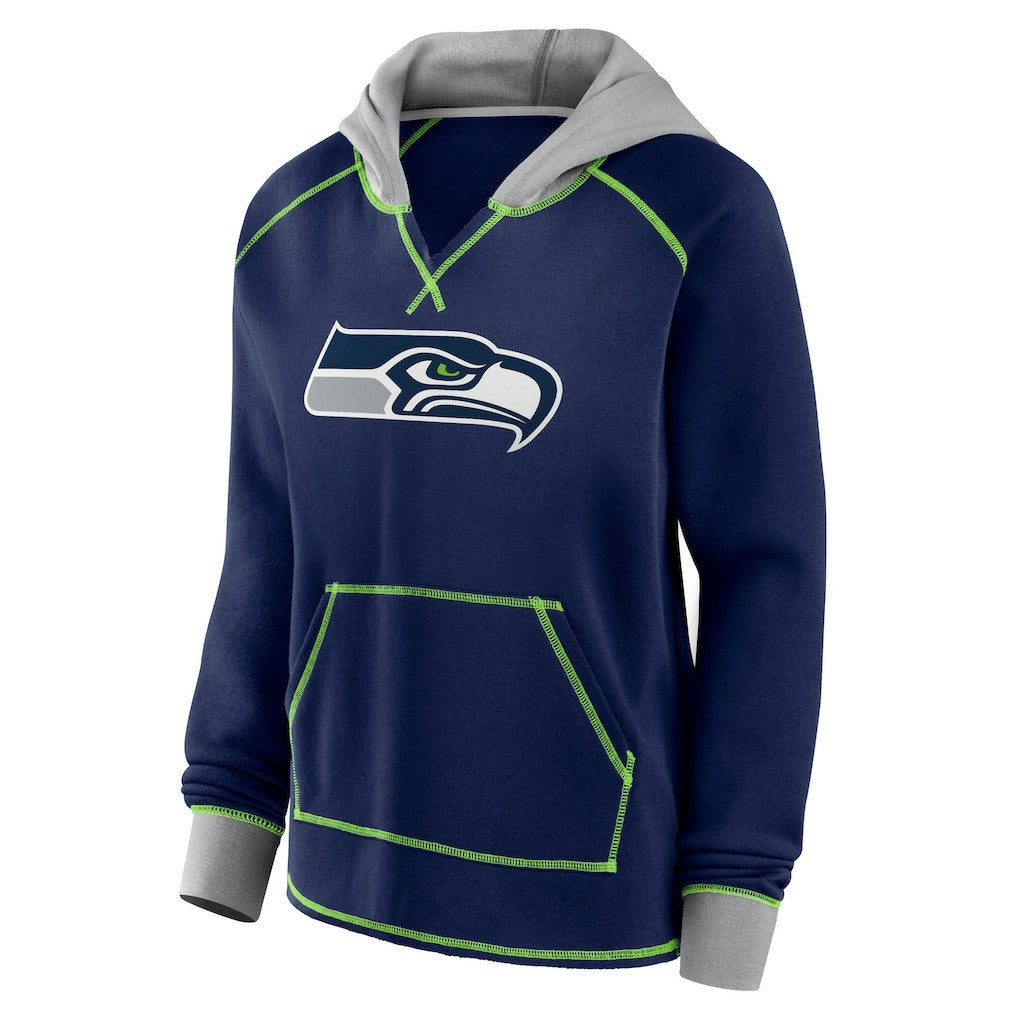 Seattle Seahawks Logo Athletic Women's Boom Fleece Pullover V-Neck Hoodie - College Navy - NFL