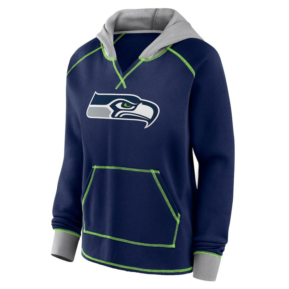 Seattle Seahawks Logo Athletic Women's Boom Fleece Pullover V-Neck Hoodie - College Navy - NFL