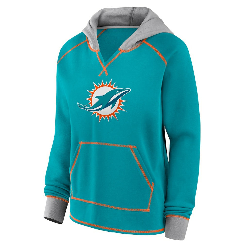 Miami Dolphins Logo Athletic Women's Boom Fleece Pullover V-Neck Hoodie - Aqua - NFL