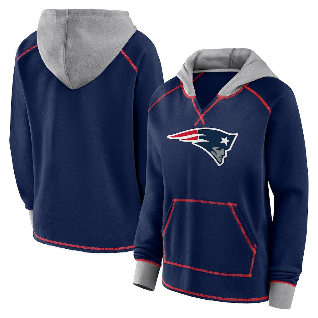 New England Patriots Logo Athletic Women's Boom Fleece Pullover V-Neck Hoodie - Navy - NFL