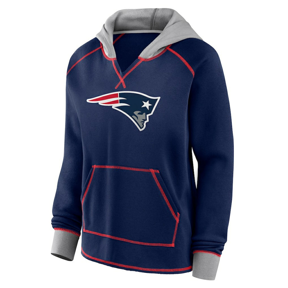 New England Patriots Logo Athletic Women's Boom Fleece Pullover V-Neck Hoodie - Navy - NFL