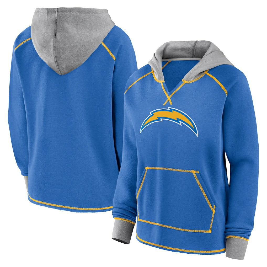 Los Angeles Chargers Logo Athletic Women's Boom Fleece Pullover V-Neck Hoodie - Powder Blue - NFL