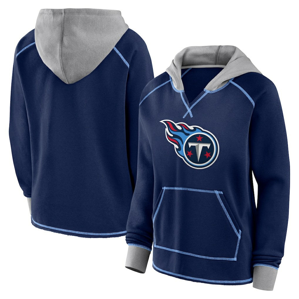Tennessee Titans Logo Athletic Women's Boom Fleece Pullover V-Neck Hoodie - Navy - NFL