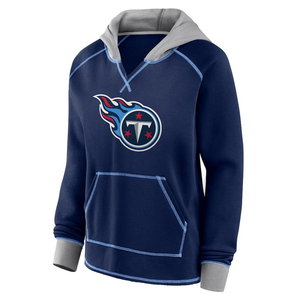 Tennessee Titans Logo Athletic Women's Boom Fleece Pullover V-Neck Hoodie - Navy - NFL