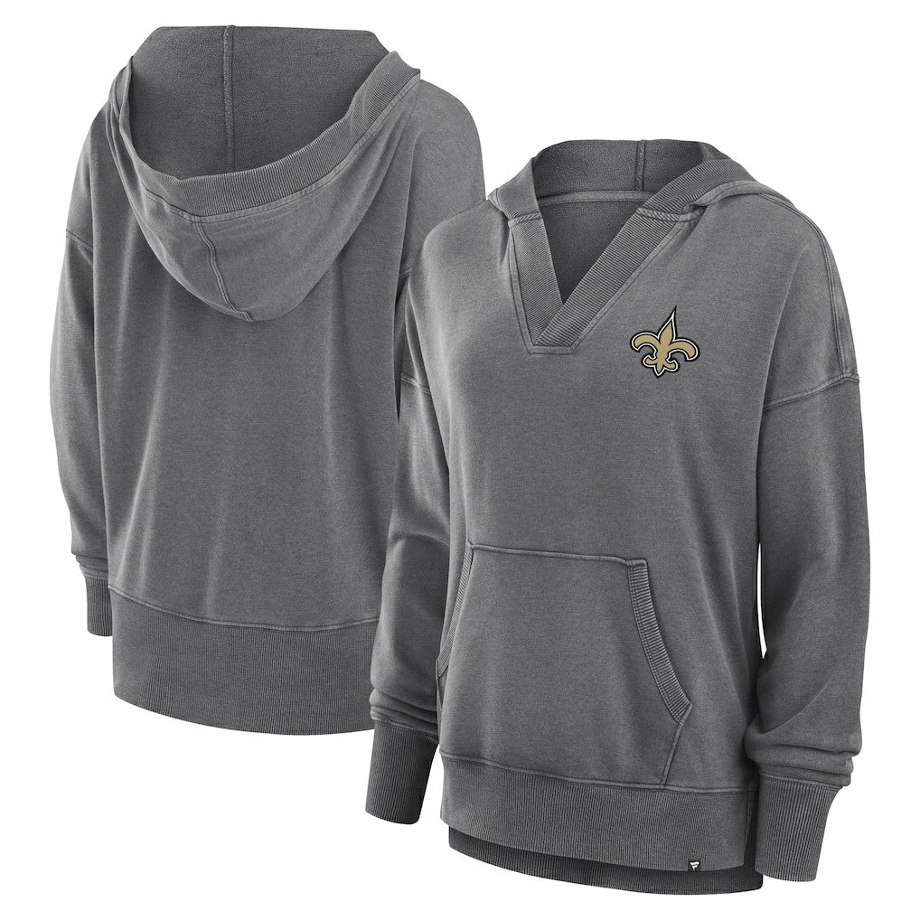 New Orleans Saints Women's Initiative Snow Wash French Terry V-Neck Pullover Hoodie - Heather Charcoal - Fanatics