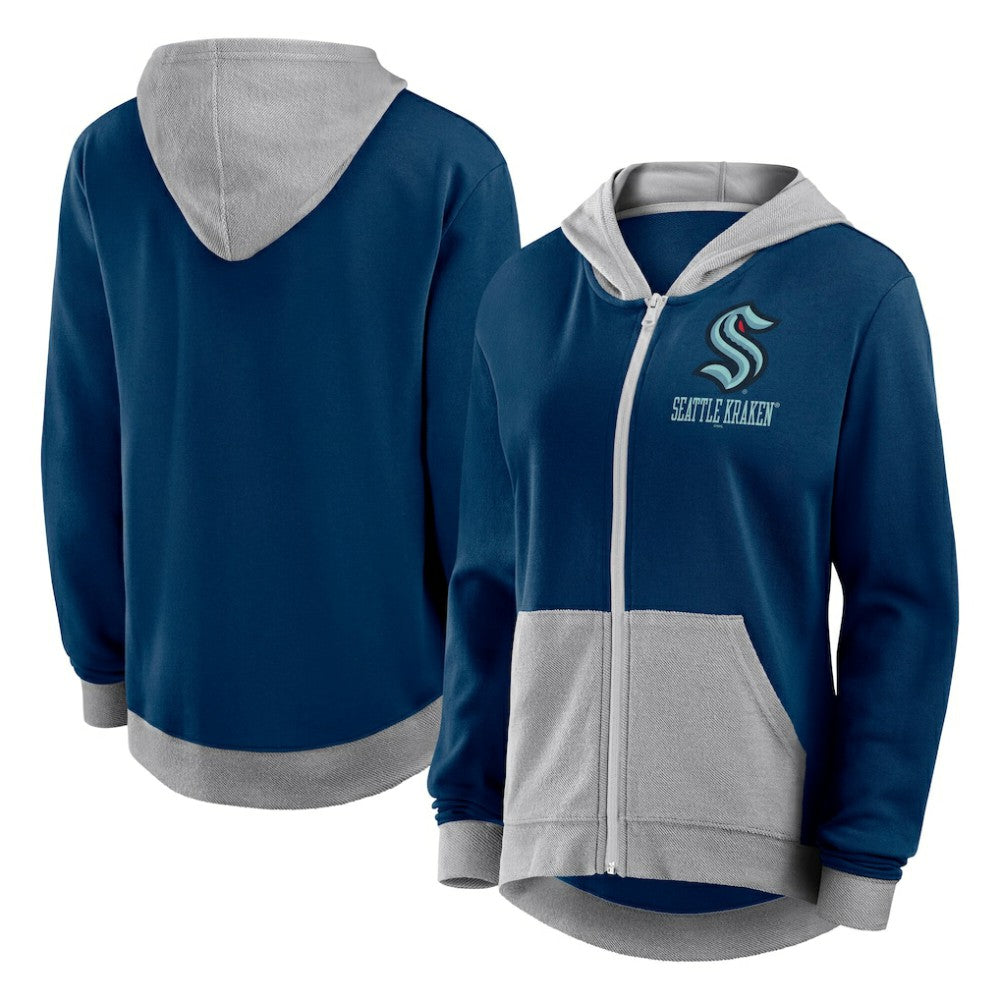 Seattle Kraken Logo Athletic Women's Hit It French Terry Full-Zip Hoodie - Navy | NHL Clearance