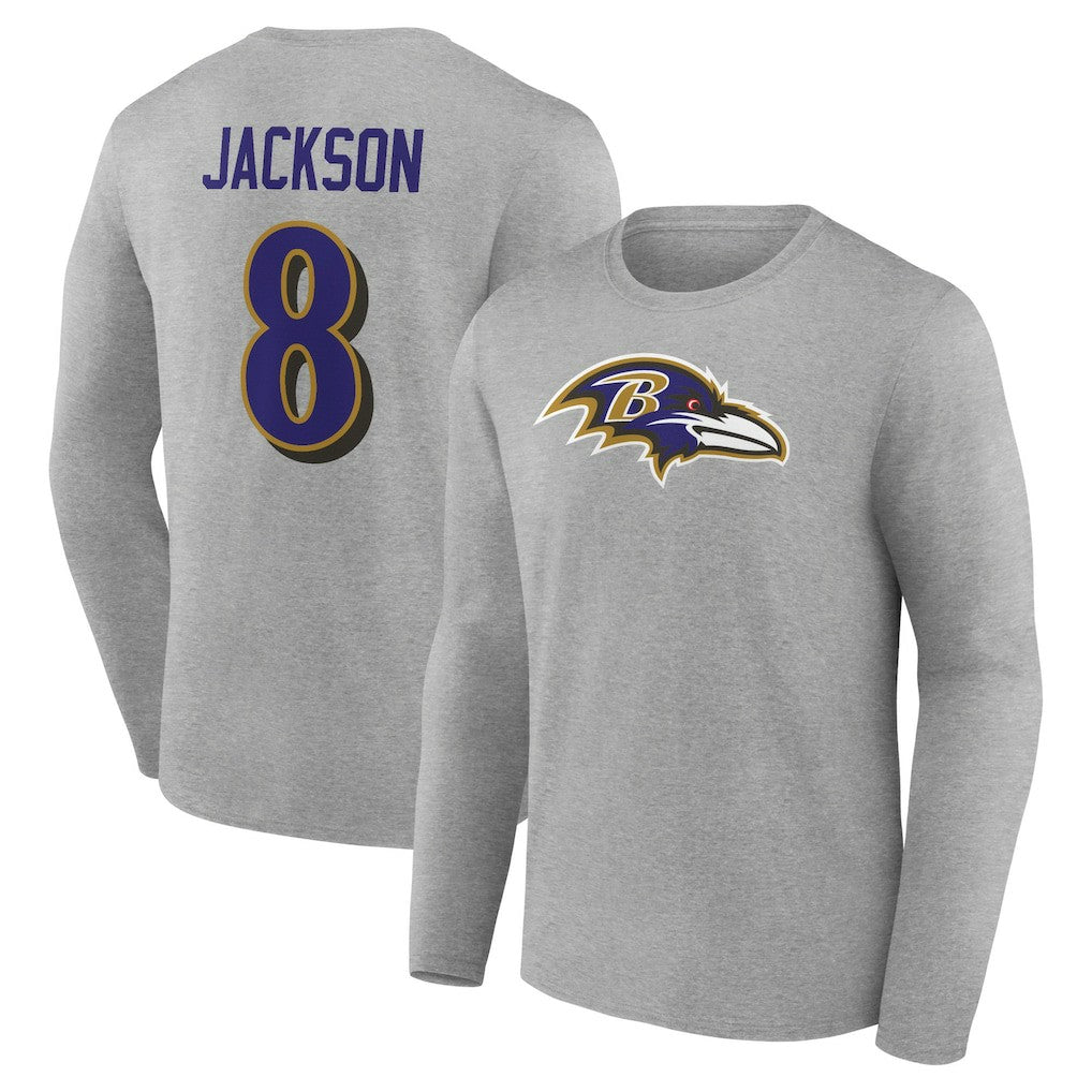 Lamar Jackson Baltimore Ravens Icon Player Name & Number Long Sleeve T-Shirt - Gray - NFL