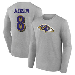 Lamar Jackson Baltimore Ravens Icon Player Name & Number Long Sleeve T-Shirt - Gray - NFL