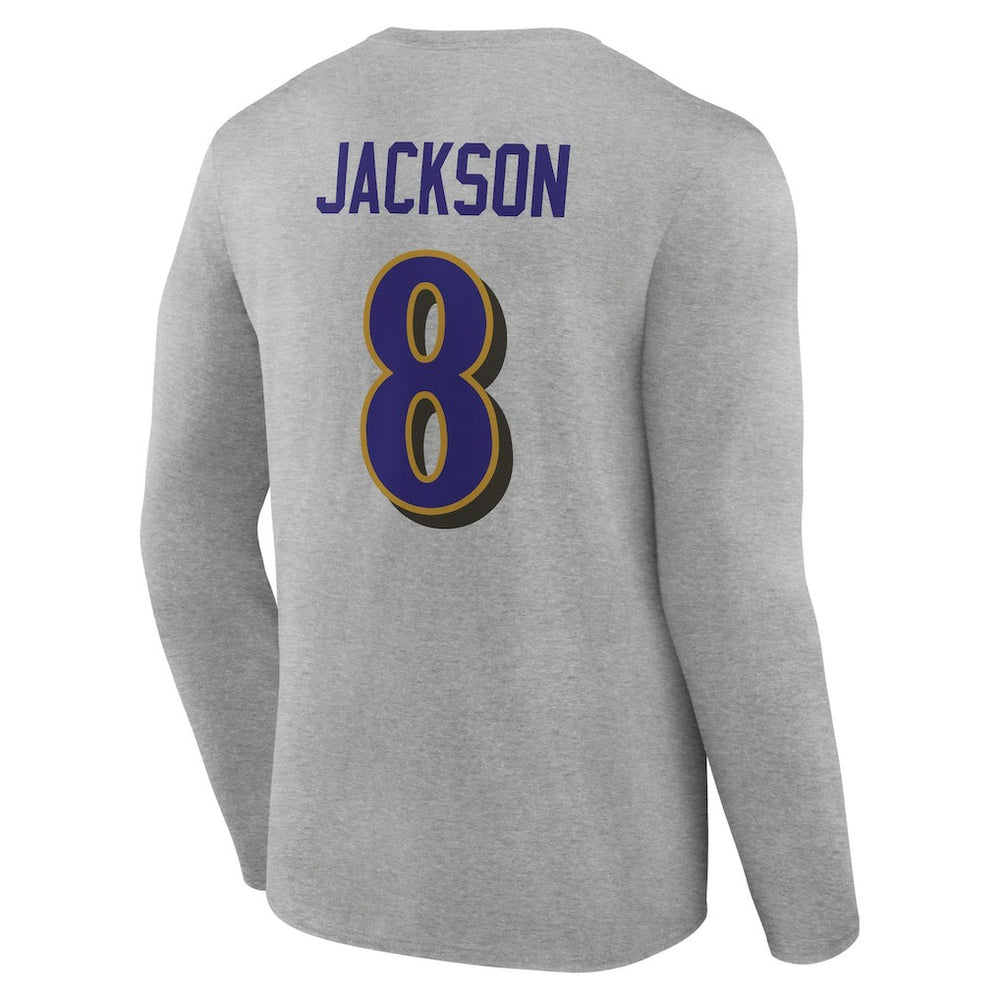 Lamar Jackson Baltimore Ravens Icon Player Name & Number Long Sleeve T-Shirt - Gray - NFL
