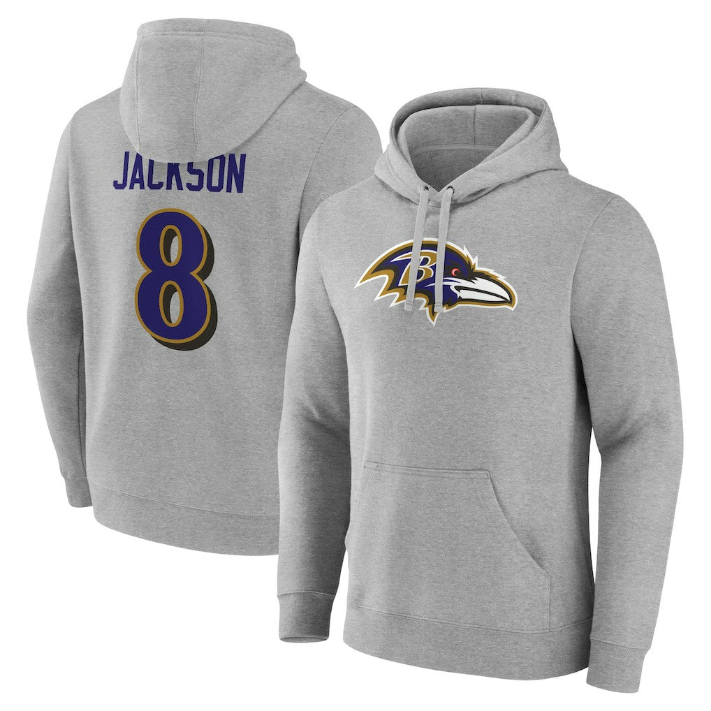 Lamar Jackson Baltimore Ravens Icon Player Name & Number Pullover Hoodie - Gray - NFL