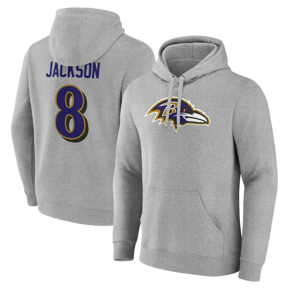 Lamar Jackson Baltimore Ravens Icon Player Name & Number Pullover Hoodie - Gray - NFL