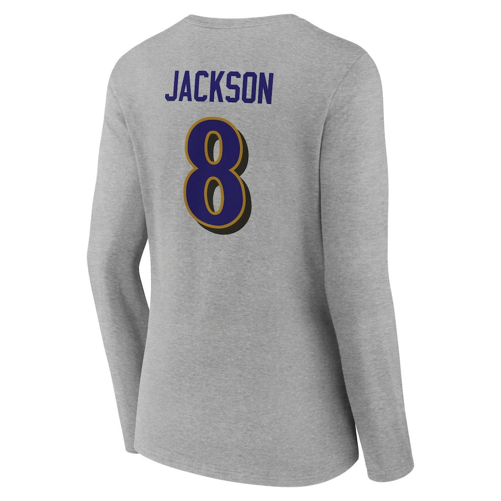 Lamar Jackson Baltimore Ravens Women's Icon Player Name & Number Long Sleeve V-Neck T-Shirt - Gray - NFL