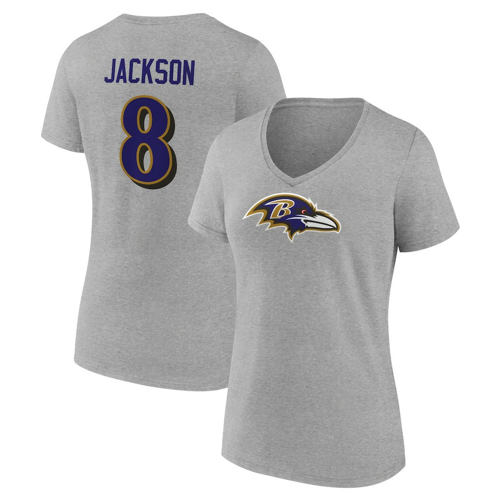 Lamar Jackson Baltimore Ravens Women's Icon Player Name & Number V-Neck T-Shirt - Gray - NFL