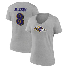 Lamar Jackson Baltimore Ravens Women's Icon Player Name & Number V-Neck T-Shirt - Gray - NFL