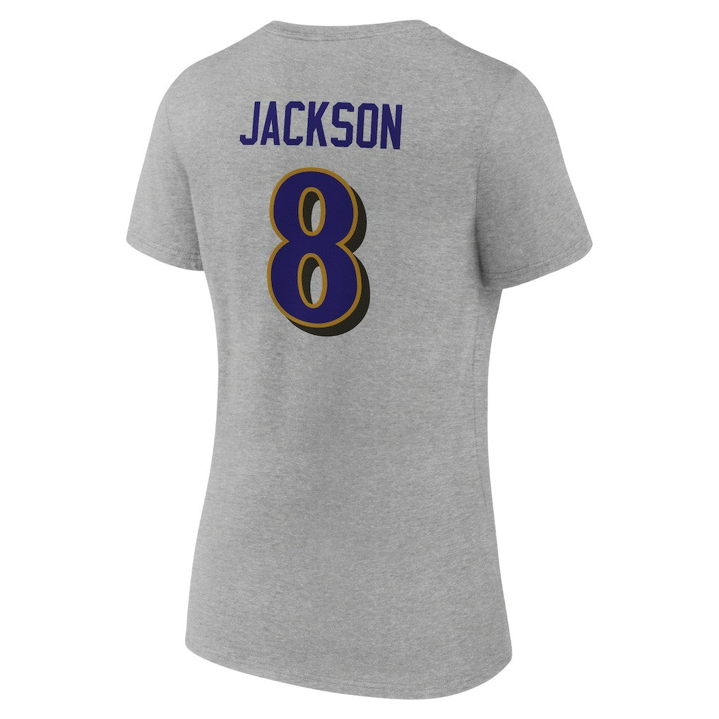 Lamar Jackson Baltimore Ravens Women's Icon Player Name & Number V-Neck T-Shirt - Gray - NFL
