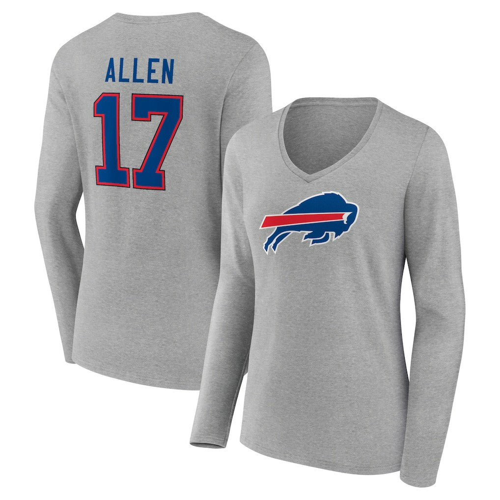 Josh Allen Buffalo Bills Women's Icon Player Name & Number Long Sleeve V-Neck T-Shirt - Gray - NFL