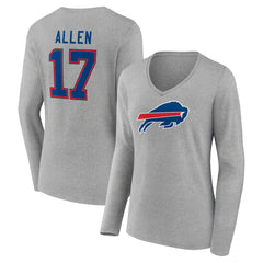 Josh Allen Buffalo Bills Women's Icon Player Name & Number Long Sleeve V-Neck T-Shirt - Gray - NFL