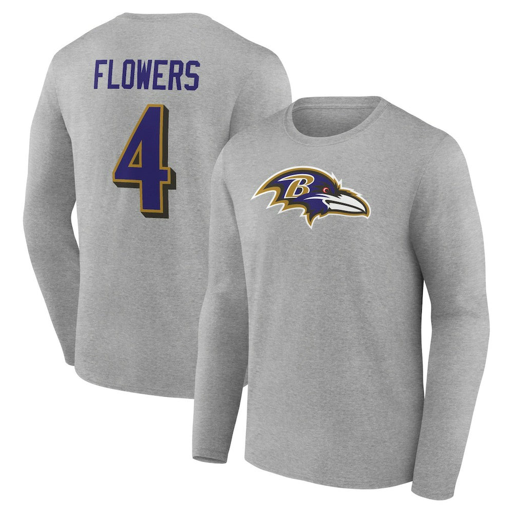 Zay Flowers Baltimore Ravens Icon Player Name & Number Long Sleeve T-Shirt - Gray - NFL