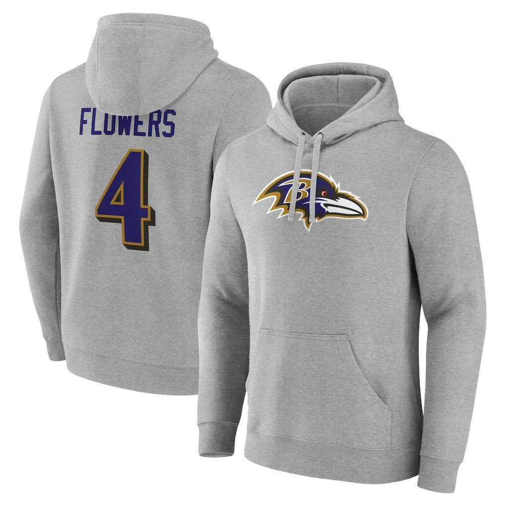 Zay Flowers Baltimore Ravens Icon Player Name & Number Pullover Hoodie - Gray - NFL