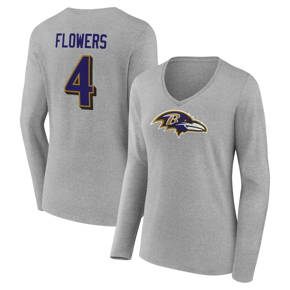 Zay Flowers Baltimore Ravens Women's Icon Player Name & Number Long Sleeve V-Neck T-Shirt - Gray - NFL