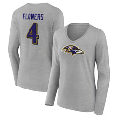 Zay Flowers Baltimore Ravens Women's Icon Player Name & Number Long Sleeve V-Neck T-Shirt - Gray - NFL