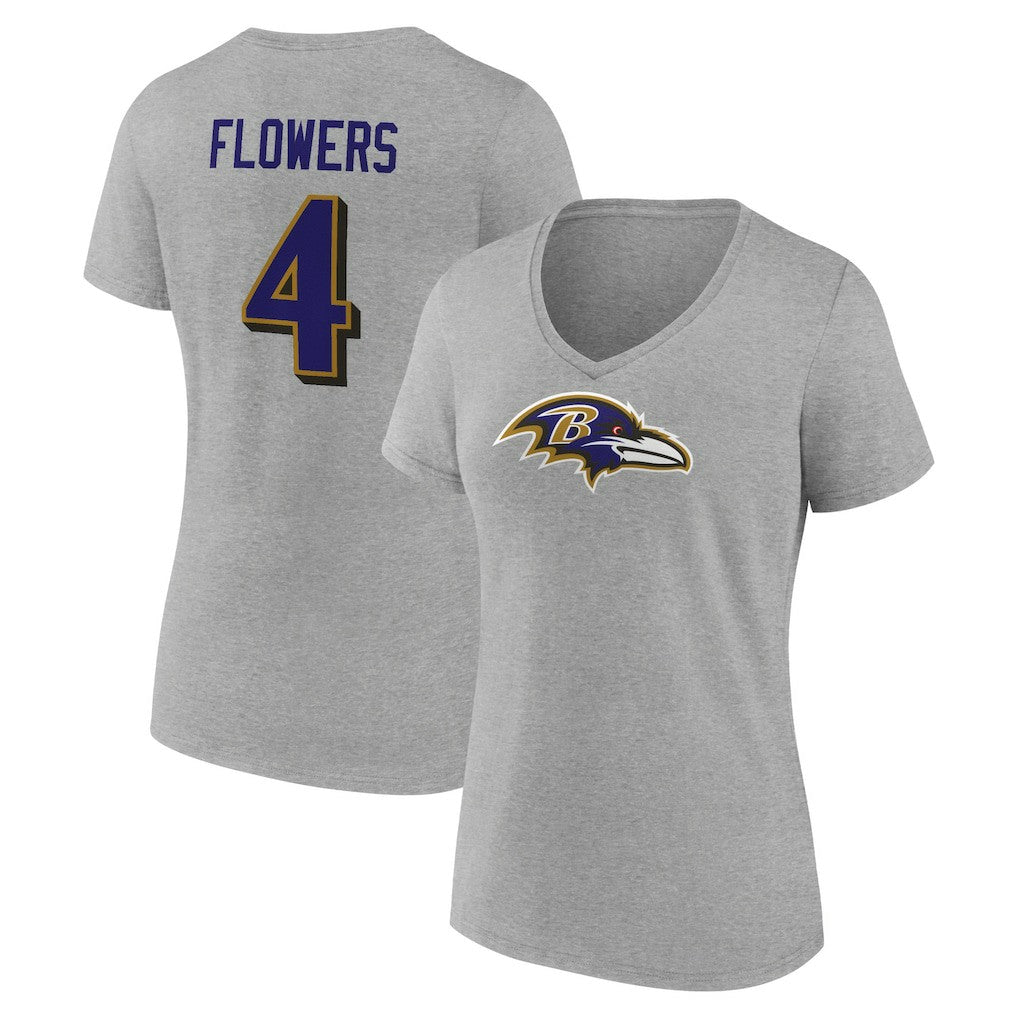 Zay Flowers Baltimore Ravens Women's Icon Player Name & Number V-Neck T-Shirt - Gray - NFL