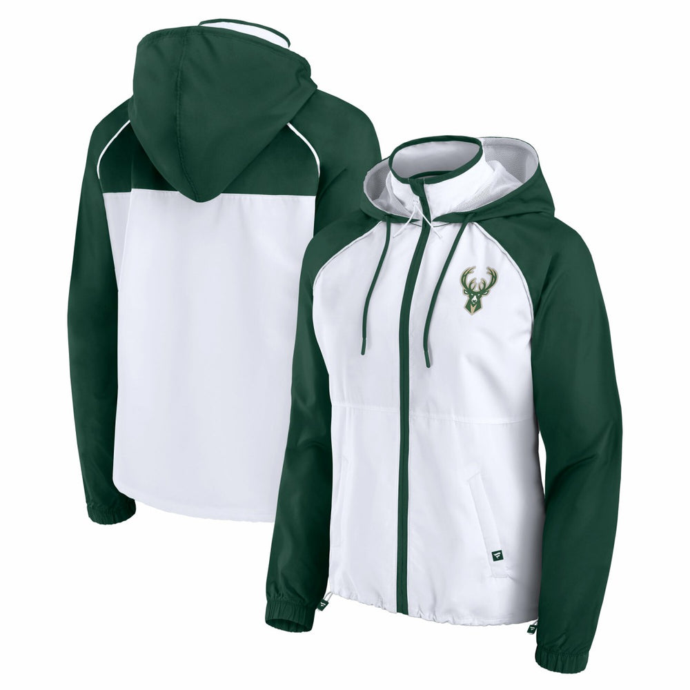 Fanatics Milwaukee Bucks Women's Anorak Raglan Full-Zip Hoodie Jacket White/Hunter Green