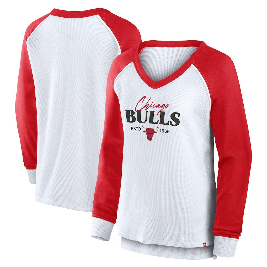 Fanatics Chicago Bulls Women's Open Lane Waffle Long Sleeve V-Neck T-Shirt White