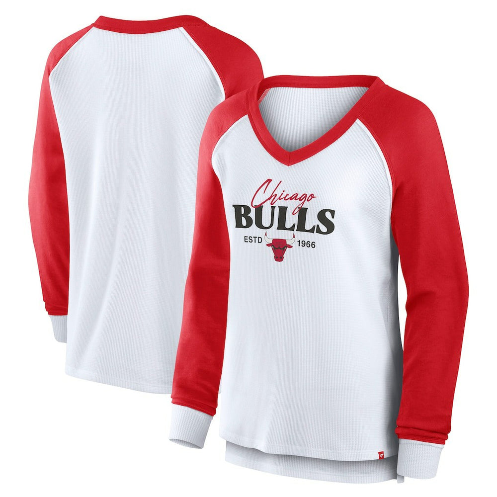 Fanatics Chicago Bulls Women's Open Lane Waffle Long Sleeve V-Neck T-Shirt White