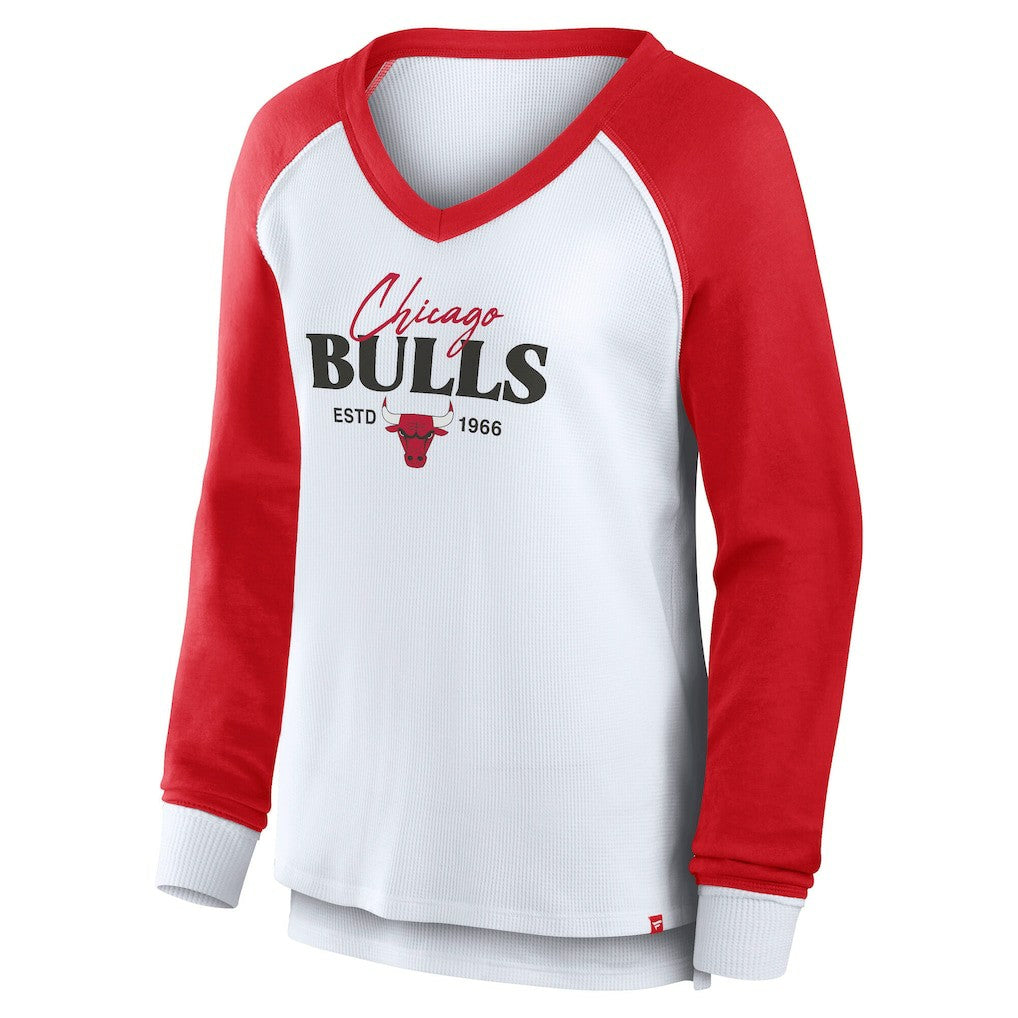 Fanatics Chicago Bulls Women's Open Lane Waffle Long Sleeve V-Neck T-Shirt White
