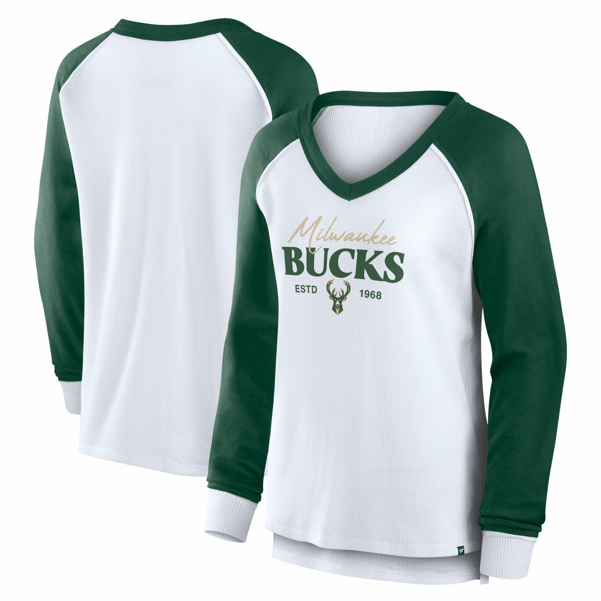 Fanatics Milwaukee Bucks Women's Open Lane Waffle Long Sleeve V-Neck T-Shirt White