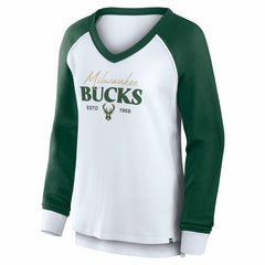 Fanatics Milwaukee Bucks Women's Open Lane Waffle Long Sleeve V-Neck T-Shirt White