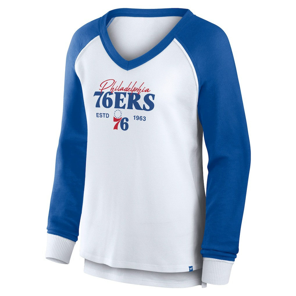 Fanatics Philadelphia 76ers Women's Open Lane Waffle Long Sleeve V-Neck T-Shirt White
